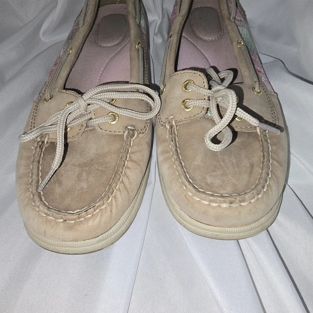 Sperry Top-Sider Boat Shoes sz 9 M Natural Tan Leather Pink Sequin Plaid